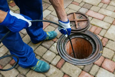 Plumber cleaning an outdoor sewer drain in Seaside