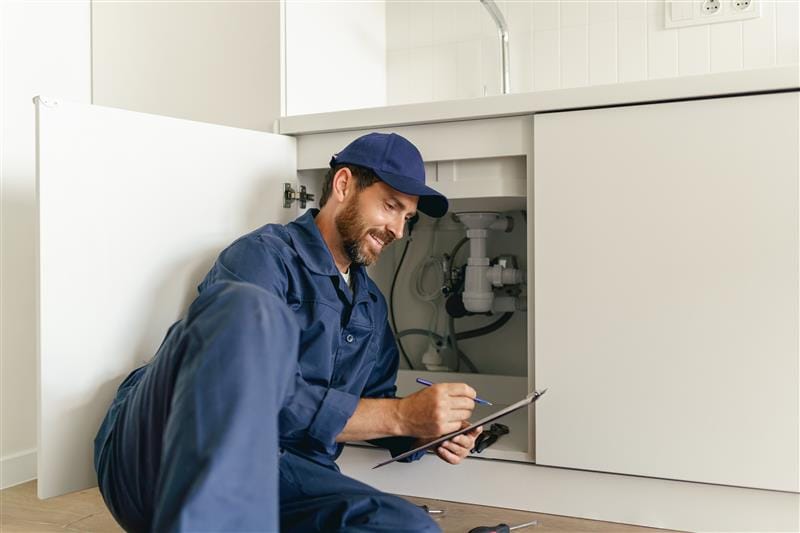 Residential plumber reviewing plumbing repairs in a Seaside kitchen