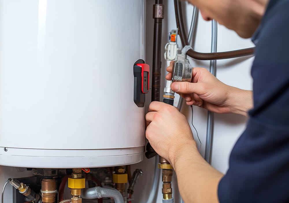Technician repairing pipes connected to a water heater in Seaside